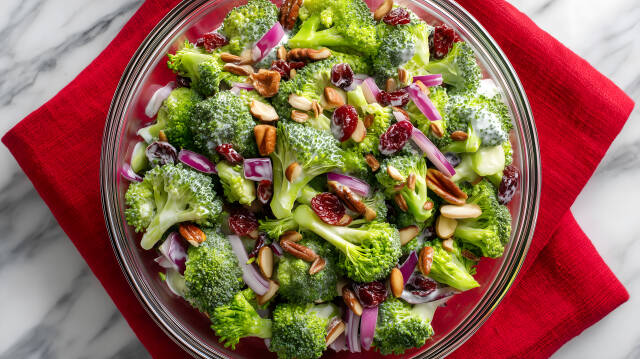Brokkolisalat mit Nüssen und roten Zwiebeln in Glasschale auf Tisch
