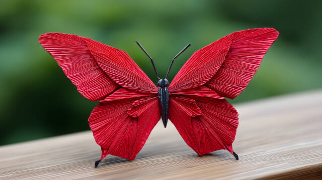 Origami Schmetterling in Rot auf Holztisch mit grünem Hintergrund