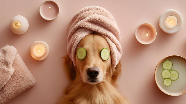 Golden Retriever im Wellness Spa mit Handtuch und Gurkenscheiben