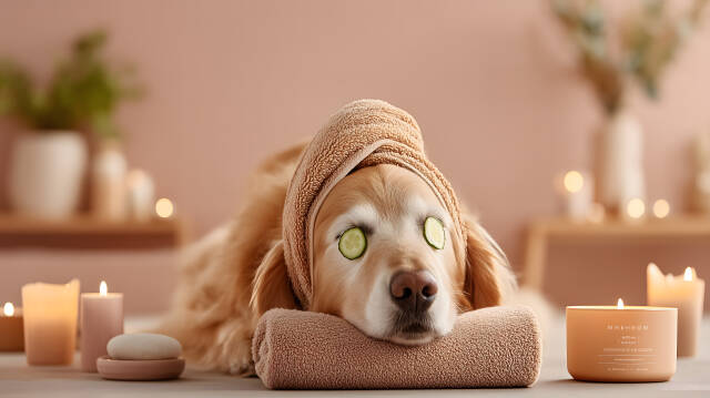 Wellness Hund liegt mit Gurkenscheiben im Spa auf Handtuch
