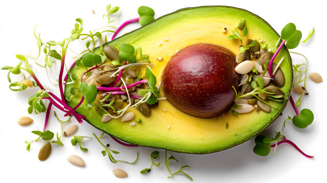 Avocado mit Keimlingen und Samen auf weißem Hintergrund