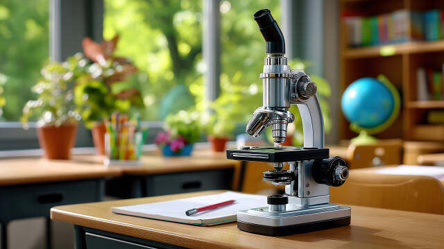 Mikroskop auf Schreibtisch im Klassenzimmer bei Tageslicht