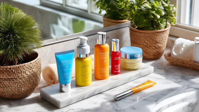 Verschiedene Sonnencreme Produkte auf Badablage bei Tageslicht