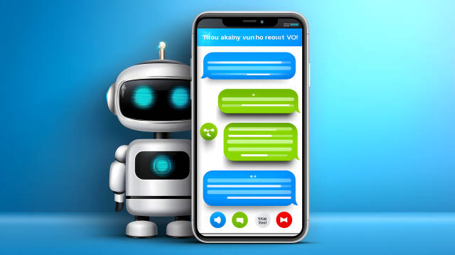Chatbot auf Smartphone mit Roboter auf blauem Hintergrund