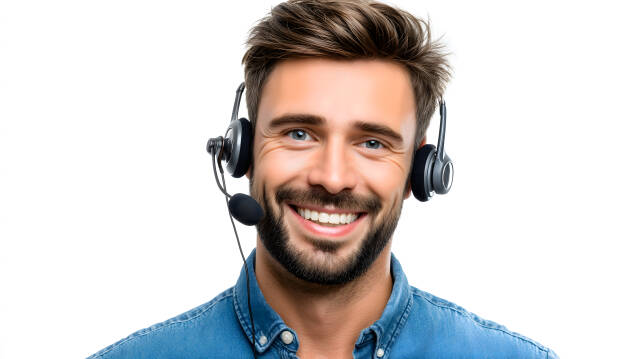 Junger freundlicher Supportmitarbeiter mit Headset auf weißem Hintergrund