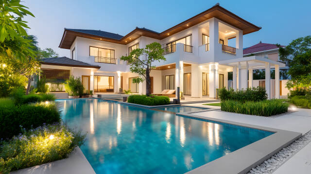 Luxusvilla mit Garten und Pool am Abend