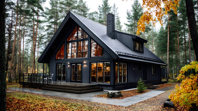 Skandinavisches Holzhaus im Wald im Herbst