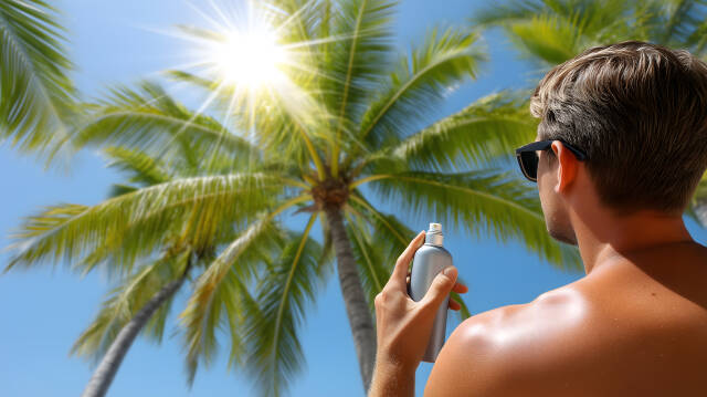 Mann sprüht Sonnencreme bei starker Sonne am Strand