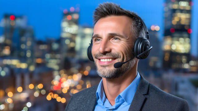 Kundenberater mit Headset und Stadtblick bei Nacht