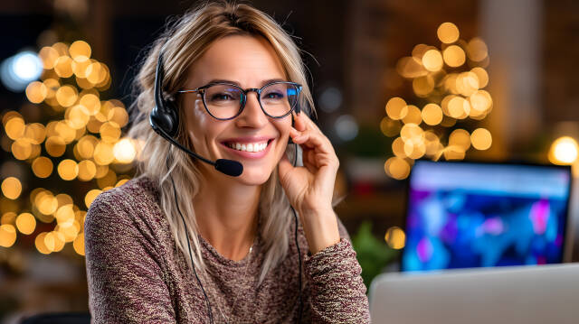 Lächelnde Frau mit Headset im Kundenservice Büro