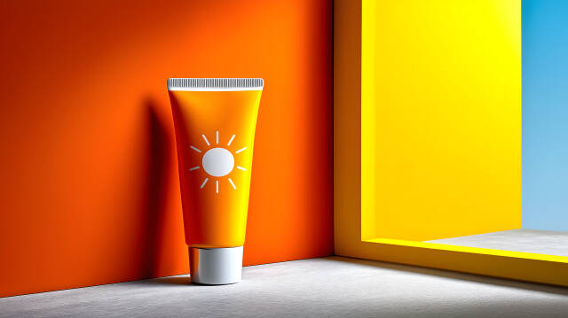Sonnencreme Tube auf orangenem Hintergrund mit Sonnenmotiv