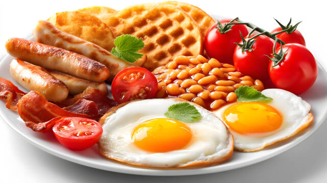 Englisches Frühstück mit Spiegelei Würstchen und Speck
