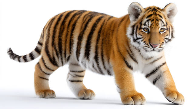 Süßes Tigerbaby läuft neugierig auf weißem Hintergrund