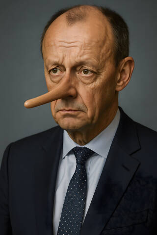 Friedrich März mit Pinocchio Nase als Karikatur und Symbol für Lüge