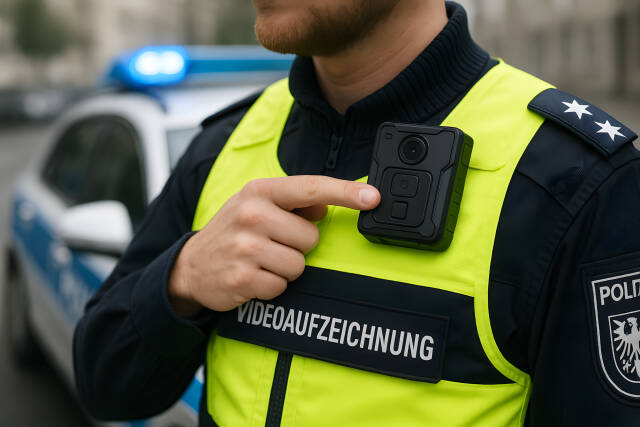 Polizist mit Bodycam und Warnweste bei Videoaufzeichnung
