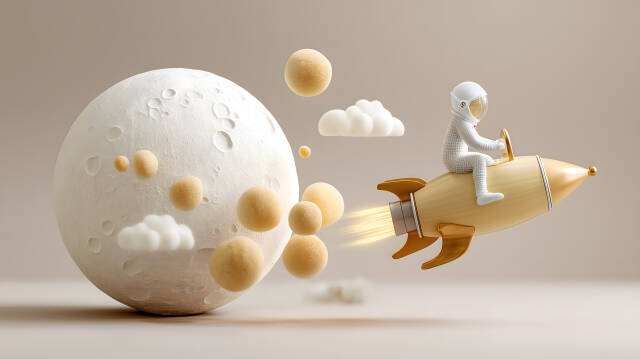 3D-Render Astronaut fliegt auf Rakete durch Cartoon-Welt