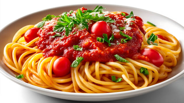 Spaghetti mit Tomatensauce und frischen Kräutern serviert