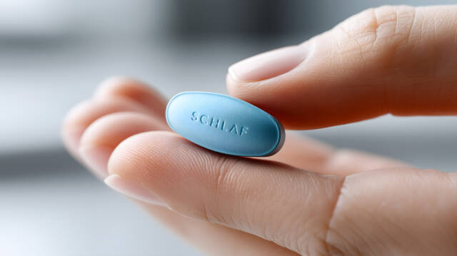 Blaue Schlaftablette mit Aufschrift SCHLAF in Hand gehalten