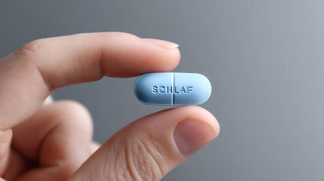 Blaue Schlaftablette mit Bruchrille zwischen Fingern