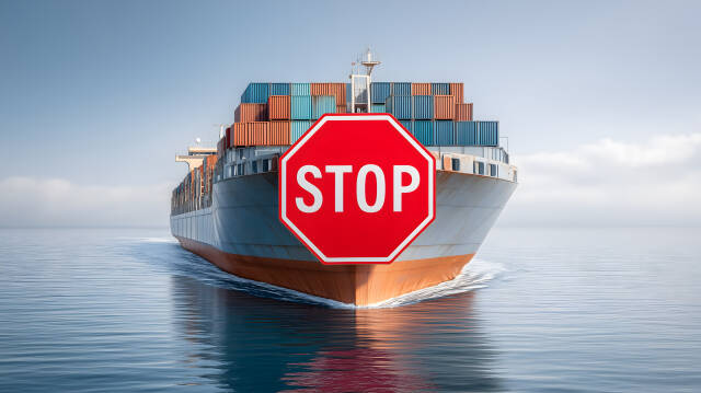 Zölle & Handelskrieg: Stoppzeichen verdeckt Containerschiff auf Wasser