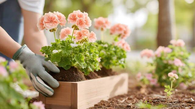 Gärtner pflanzt Geranien in Blumenkasten im Frühling