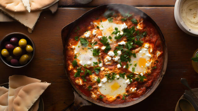 Shakshuka mit Ei und Kräutern in gusseiserner Pfanne serviert