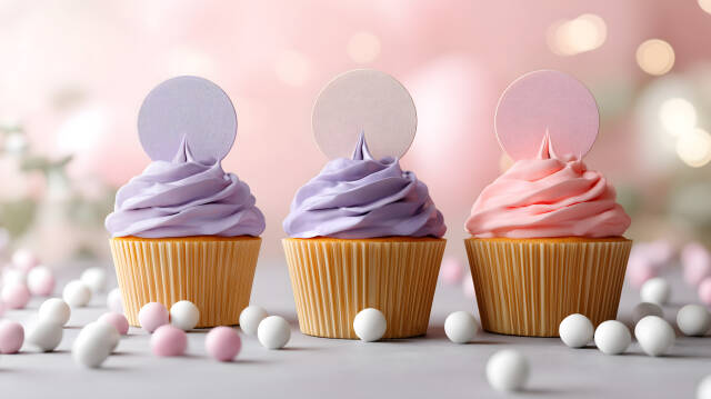 Drei Cupcakes mit buntem Frosting vor rosa Hintergrund