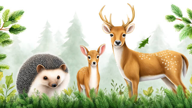 Waldtiere Igel, Reh & Hirsch als niedliche Illustration