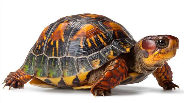 Exotische Schildkröte mit auffälligem Panzer auf weißem Hintergrund