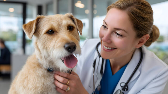 Tierärztin untersucht kleinen Hund in moderner Praxis