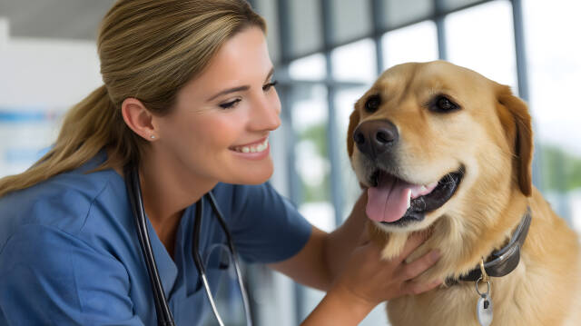 Glückliche Tierärztin mit Golden Retriever in Praxis