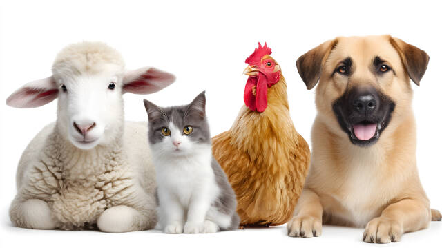 Tiergruppe mit Lamm Katze Huhn und Hund auf weißem Hintergrund