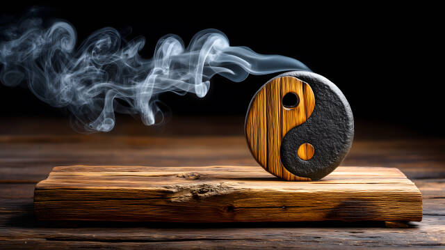 Yin und Yang Symbol mit Rauch auf Holzunterlage