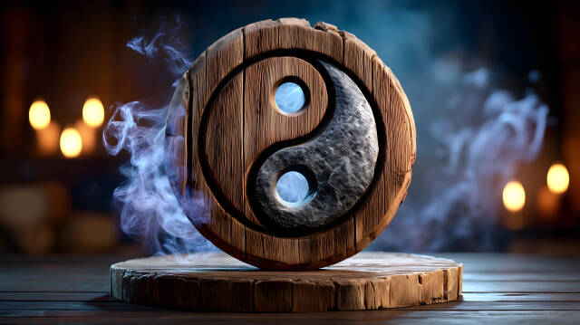 Rauchendes Yin und Yang Symbol auf runder Holzplatte