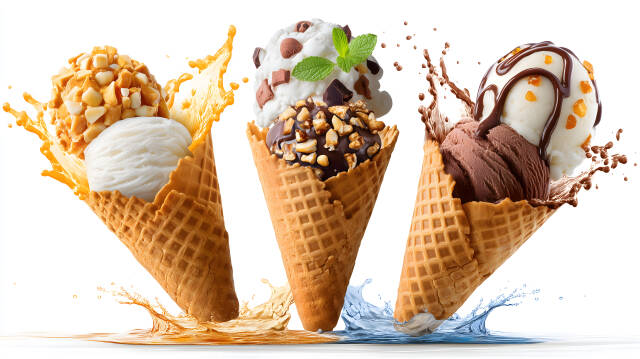 Drei Eiscremehörnchen mit Splash und Toppings auf Weiß