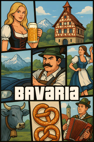 Bayerische Kultur im GTA-Comicstil mit Brezel und Tracht