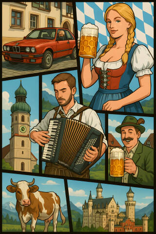Bavaria Alltag in GTA-Comicillustration mit Dirndl, Bier und BMW