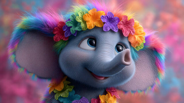 Bunter Cartoon Elefant mit Regenbogenfell und Blütenkranz