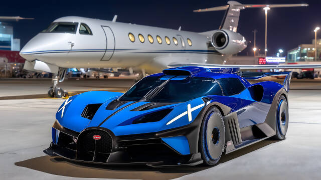Blauer Bugatti Bolide und Privatjet bei Nacht auf Rollfeld
