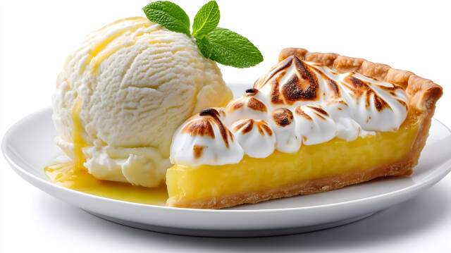 Zitronen Baiser Tarte mit Vanilleeis auf weißem Teller