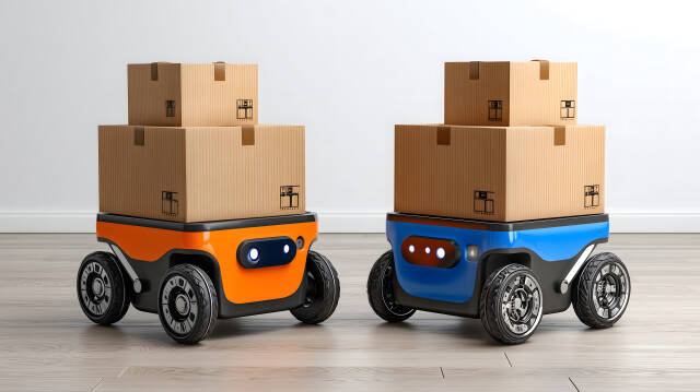 Lieferroboter mit Paketen auf Holzfußboden in Wohnung