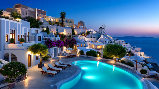 Weiße Häuser auf Santorini bei Sonnenuntergang