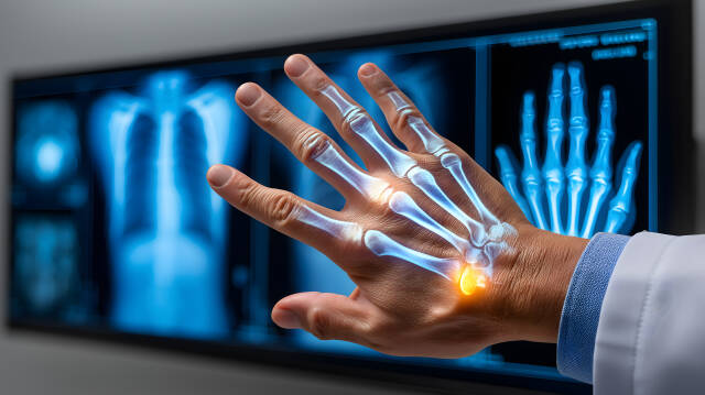 Hand mit digitalem Röntgenbild vor Monitor
