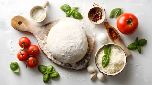 Pizzateig mit frischen Zutaten und Kräutern auf Holzbrett