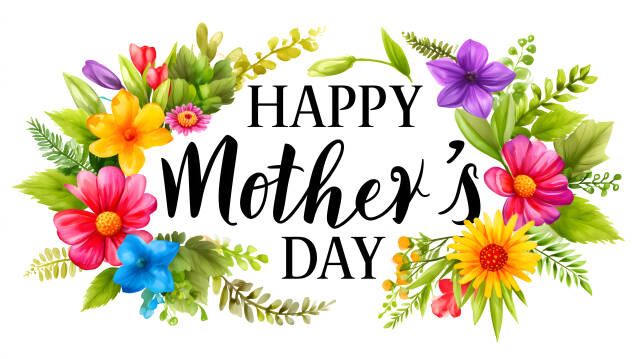 Happy Mothers Day Schriftzug mit bunten Blumen auf Weiß