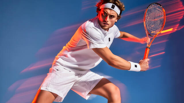 Tennisspieler beim Rückhandschlag mit Stirnband und Dynamik