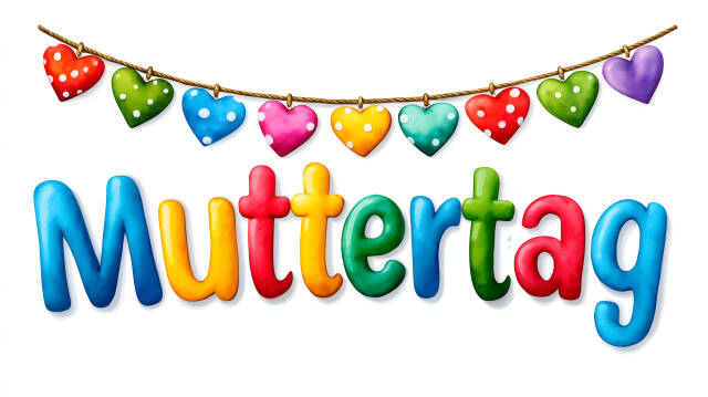 Muttertag Schriftzug mit bunten Herzanhängern
