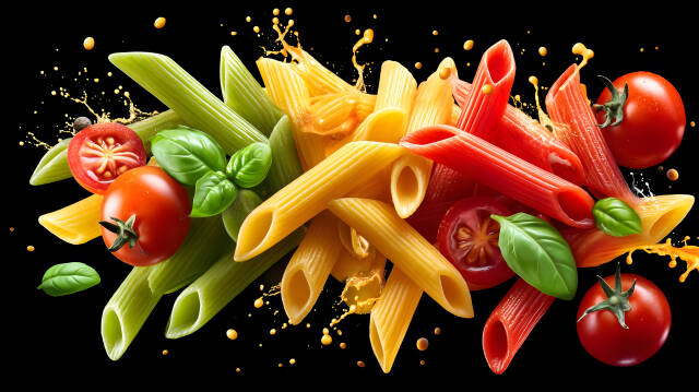 Tricolor Penne mit Tomaten und Basilikum auf Schwarz