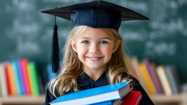 Mädchen mit Abschlusskappe und Bücher in der Schule