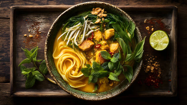 Traditionelle vietnamesische Suppe mit frischen Kräutern und Huhn